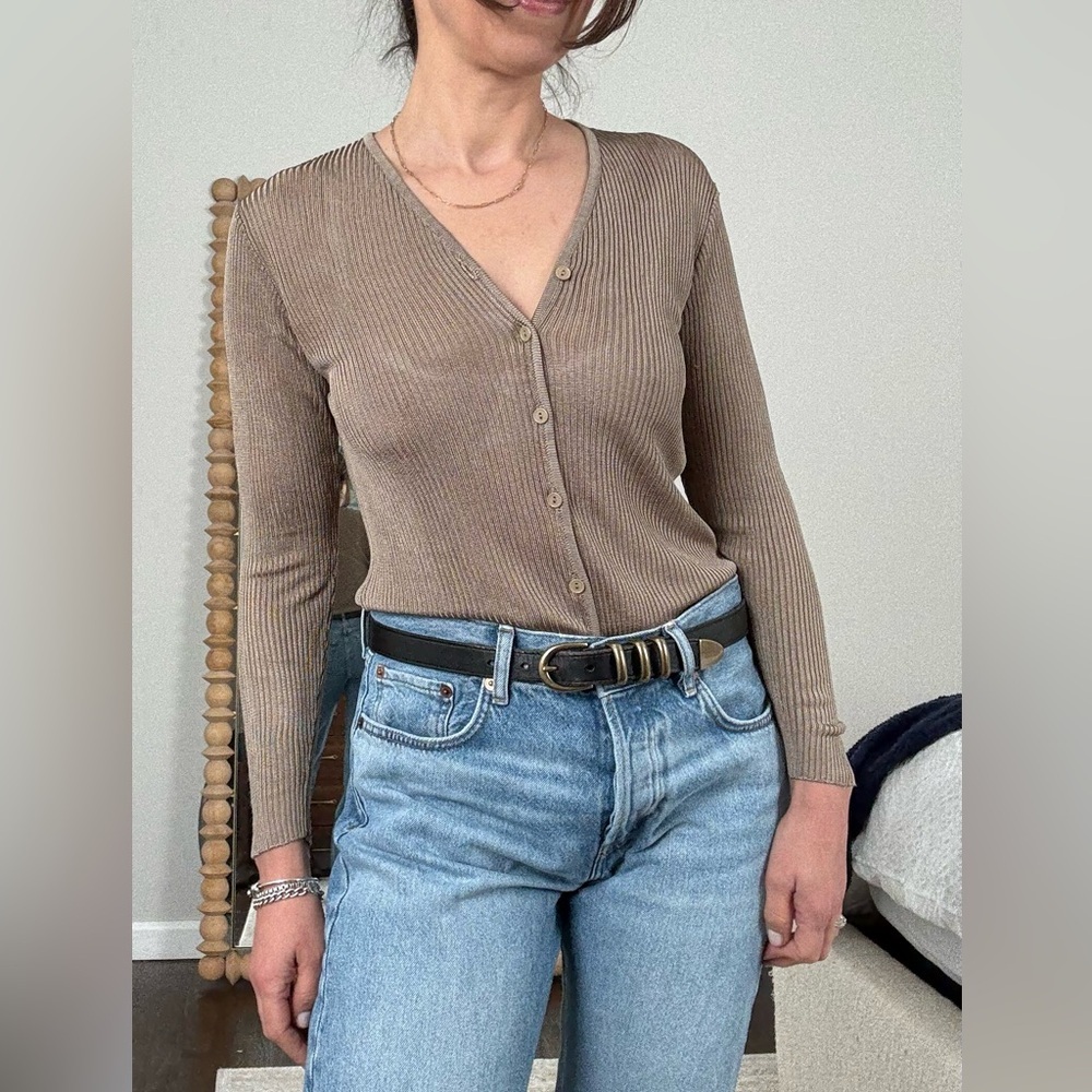 Vintage Express Tricot Tan Silk Ribbed Button-Up Cardigan
